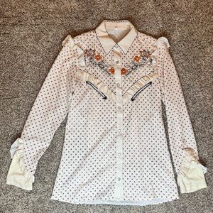 Cream Button-Up Shirt with Floral Embroidery